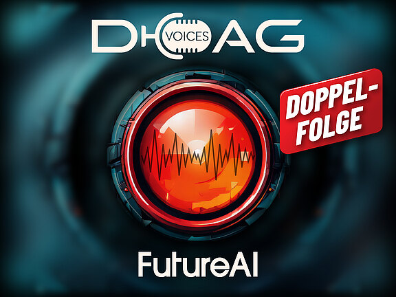 DOAG Voices: Podcast-Banner zur Doppelfolge „FutureAI“ mit leuchtend rotem Aufnahme-Button, in dem eine Schallwelle zu sehen ist, auf türkisfarbenem Hintergrund