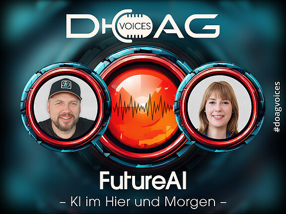 DOAG-VOICES-Banner "FutureAI" mit Porträts von Dave König (links) und Dr. med. Sandra C. Signore (rechts) um eine rote Schallwellen-Linse auf türkisem Hintergrund